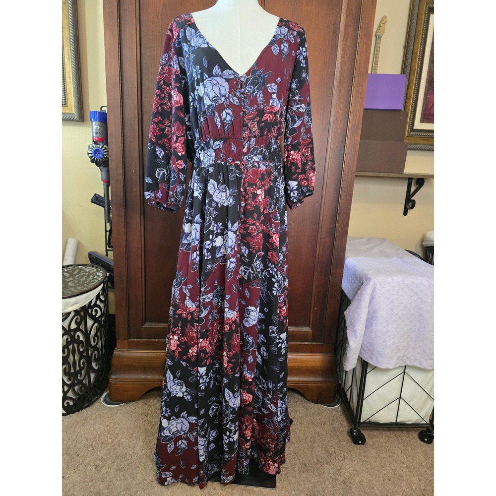 City Chic Floral Maxi Dress Burgundy Blue Black Smocked Waist V-Neck Size 16 - Picture 2 of 8